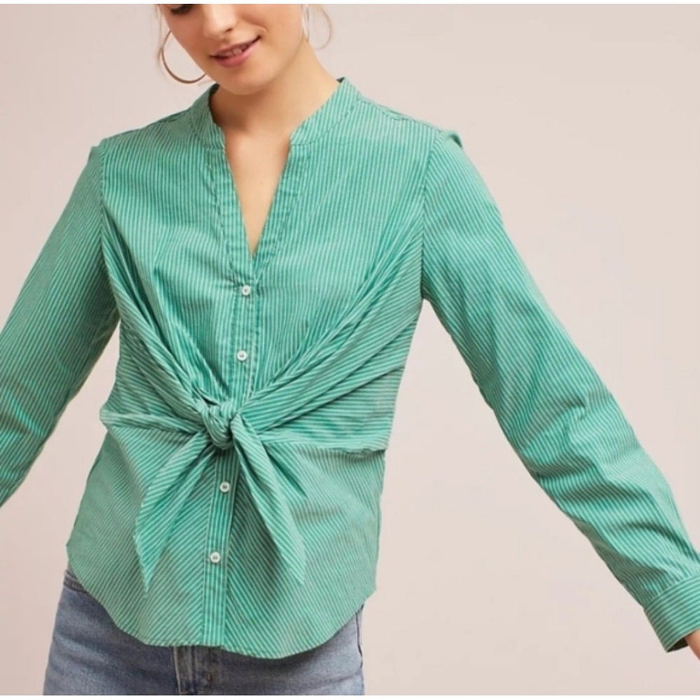 Maeve Seafoam Striped Button-Front Tie Waist Shirt